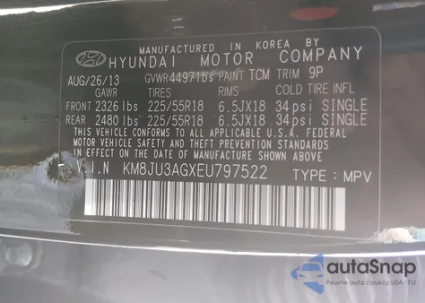 2014 Hyundai Tucson Limited from USA, damaged, VIN KM8JU3AGXEU797522